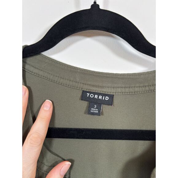 Torrid Shirt Dress Womens 3X Olive Green Mini Stretch Challis Roll Tab Sleeves - Picture 3 of 5